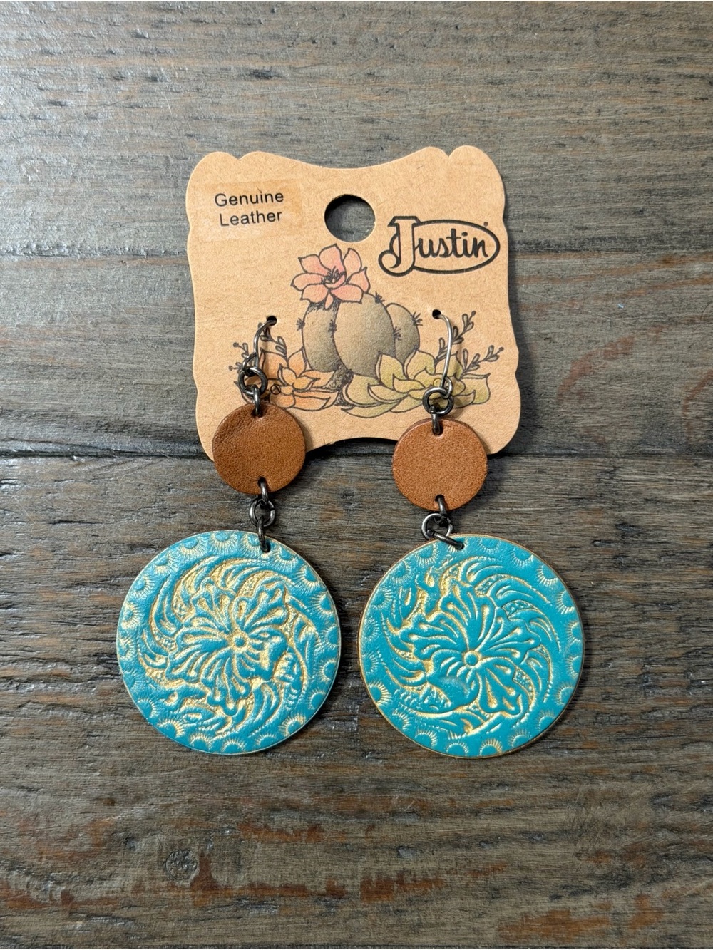 NWT Justin Boots Tooled Leather Turquoise Concho Dangle Earrings Western Boho
